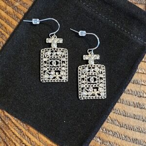 CC Perfume Bottle Dangle Earrings Rhinestones Pearl Accents